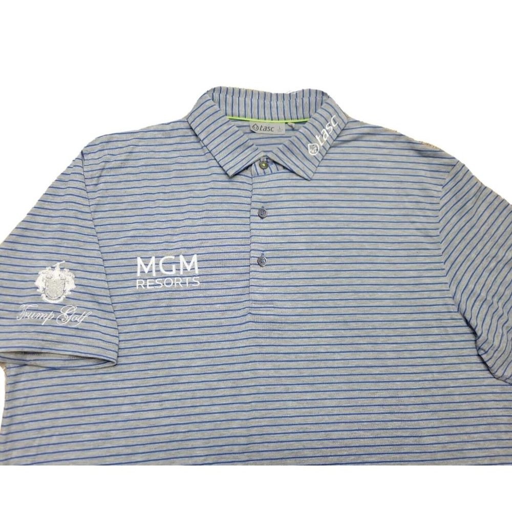 Tour Issue Benny Taylor Men L Trump Golf Tasc MGM MicroAir Polo Shirt Gray Blue
